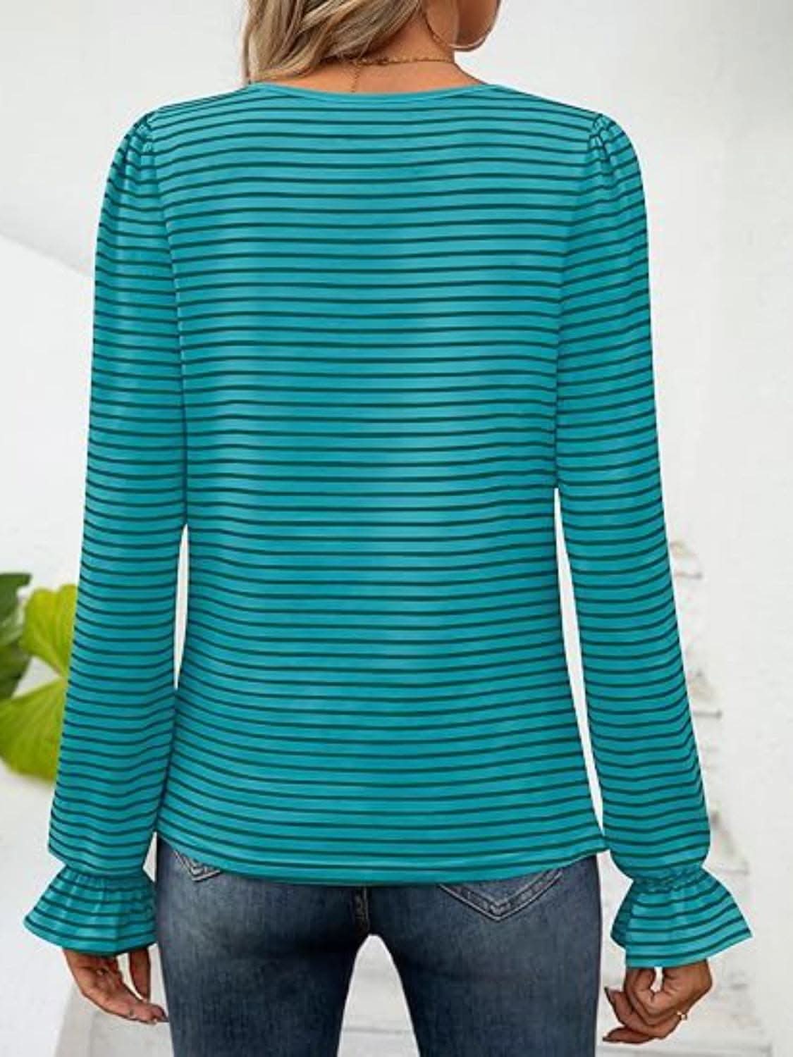 Chic striped flounce sleeve top - Love Salve